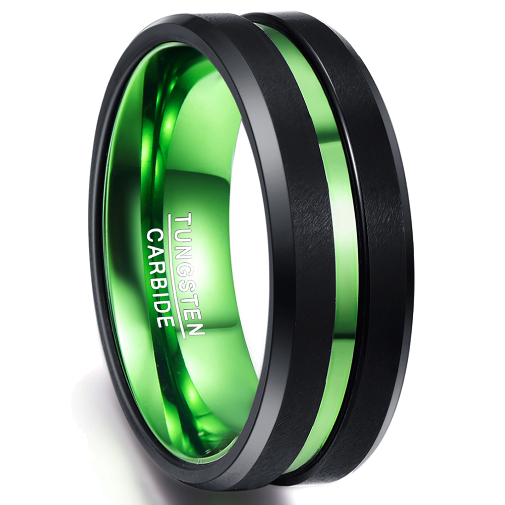 Pushtek 8mm Mens Black Tungsten Rings Matte Finish Wedding Band Ring with Green Groove Size 12.5